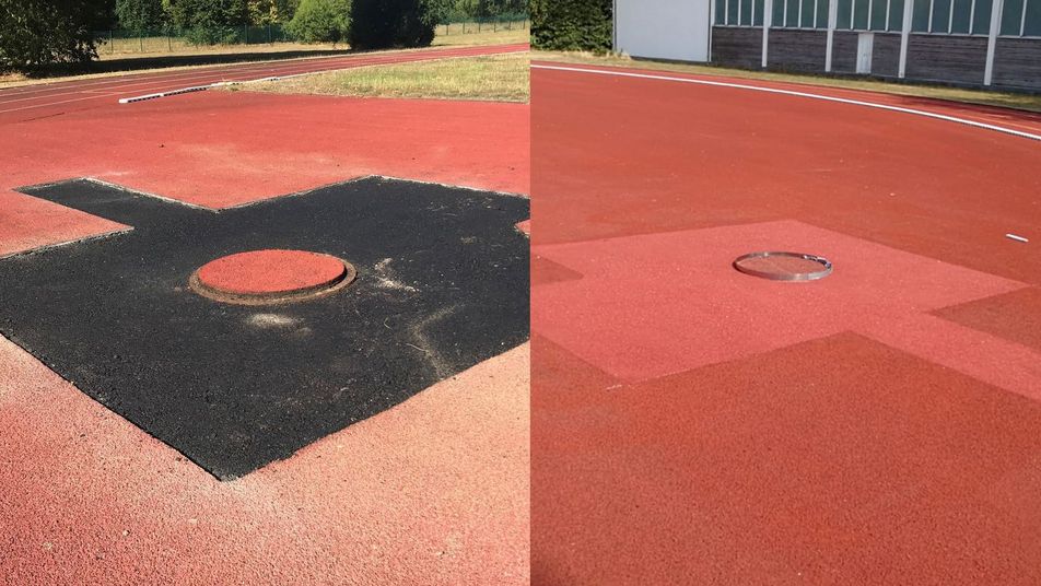 Vorher-nachher Bild der Reinigung einer tartanbahn