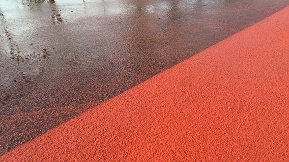 Tartanbahnreinigung gezeigt wird die Differenz zwischen gereinoigter Tartanbahn und nicht gereinigter Tartanbahn