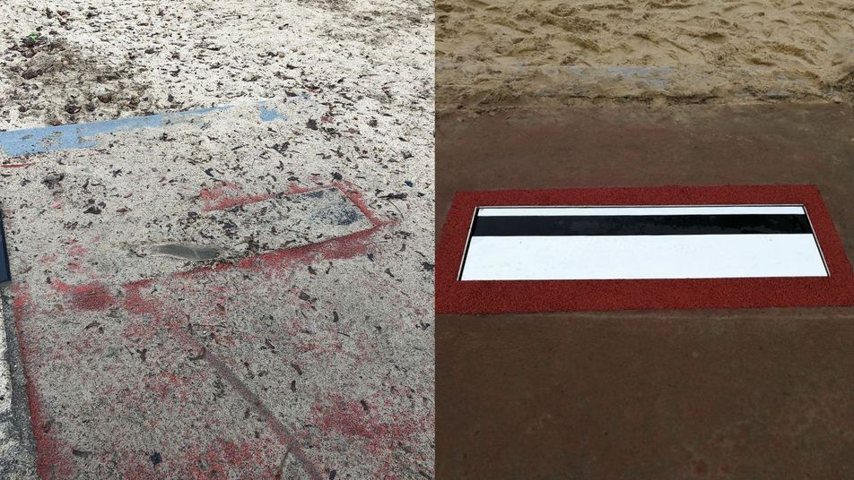 Reinigung der Sprunggrube und Austausch des Sprungbalkens voher-nachher Ansicht