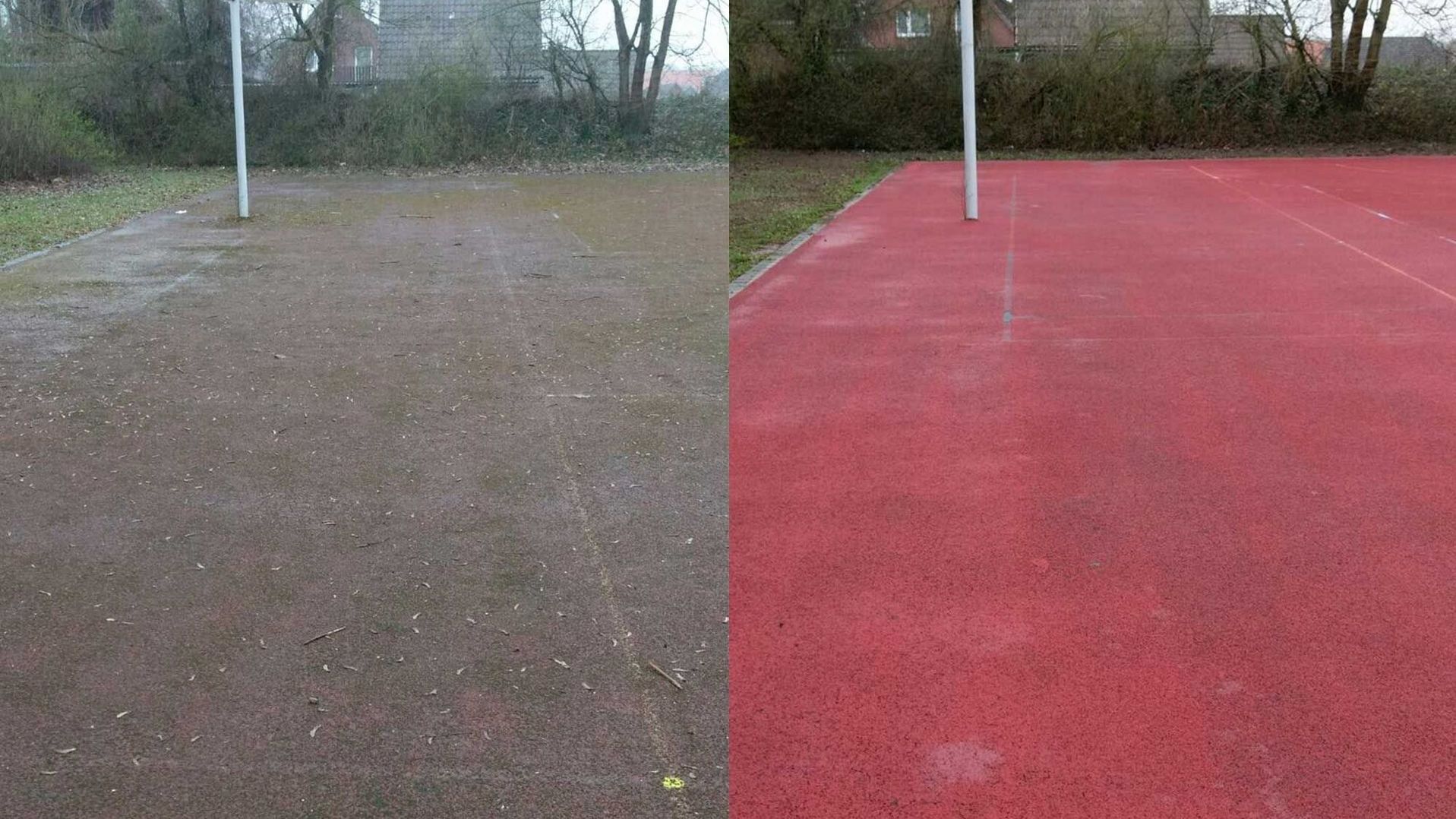 Gereinigd ruitspoor in rood naast ongereinigd ruitspoor in grijs