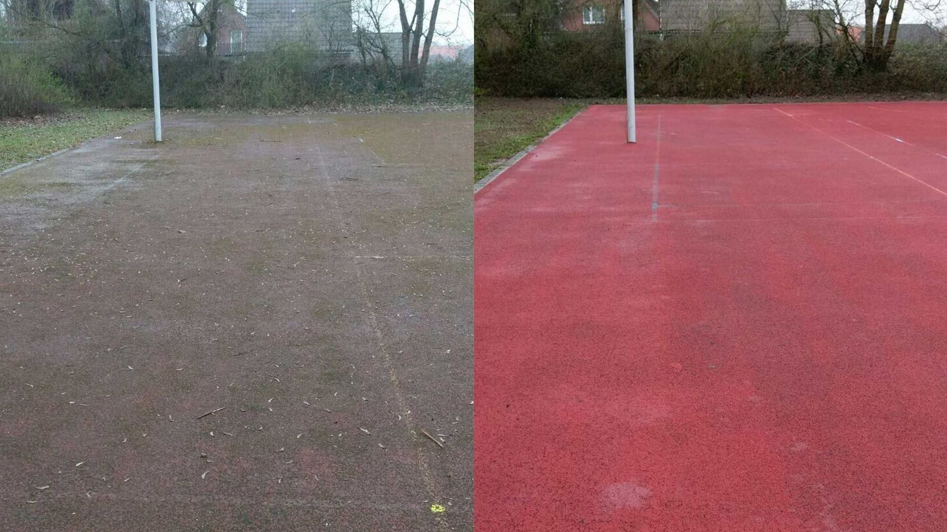 gereinigte Tartanbahn in rot neben ungereinigter Tartanbahn in grau